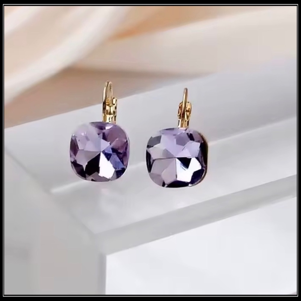 New Gold Faceted Smoky Lavender Crystal Drop Leverback Earrings - Picture 3 of 4